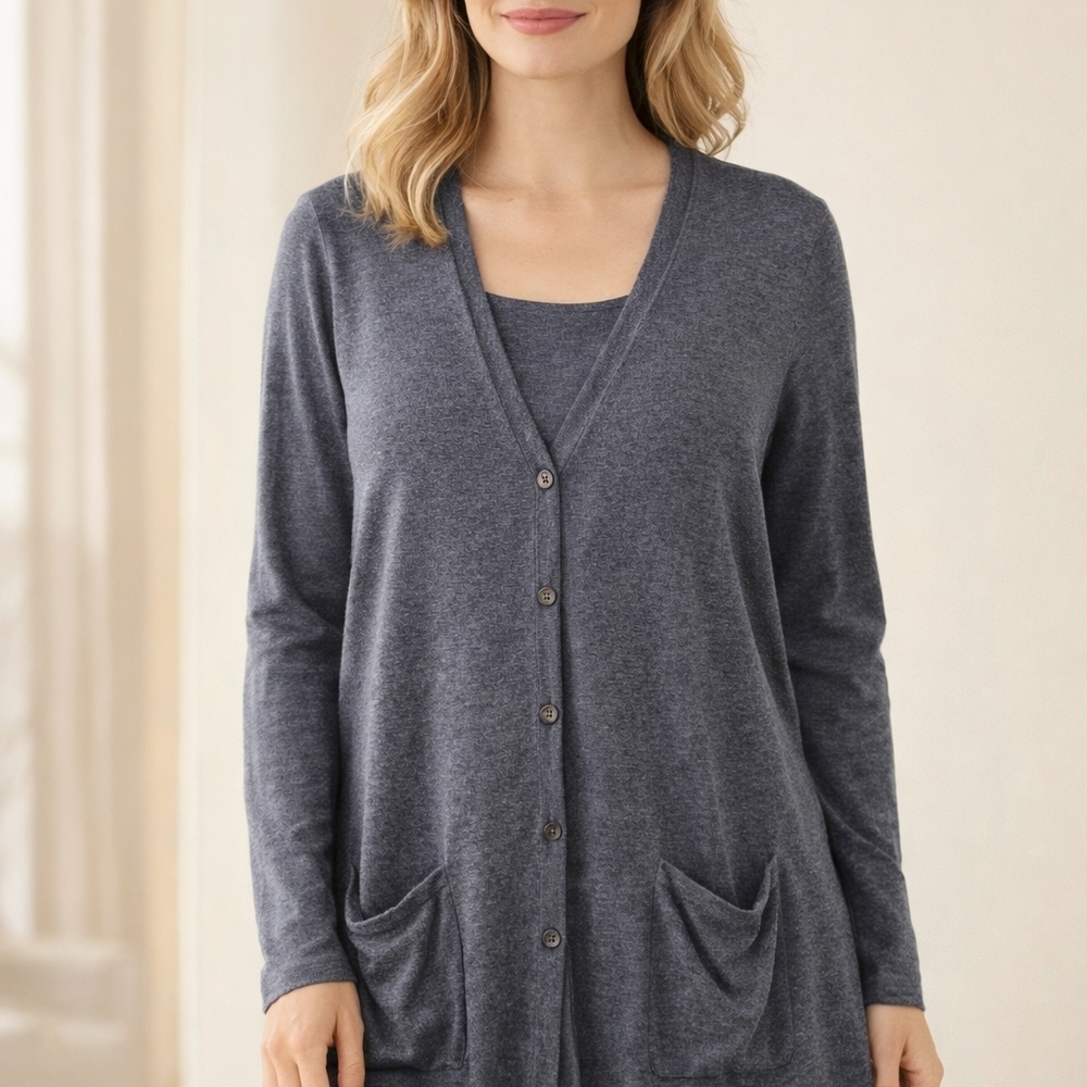 J.Jill Blue Heather Long Cardigan Sweater Size M Cotton Rayon Button Front